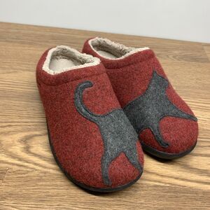 LL Bean Daybreak Scuffs Cat Slippers Womens Size 9 Motif Red Wool Felt Clogs